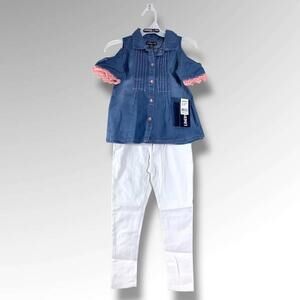 NWT Limited Too 2 Pc. Girls Denim Cold Shoulder Top and White Pants Set, 5/6